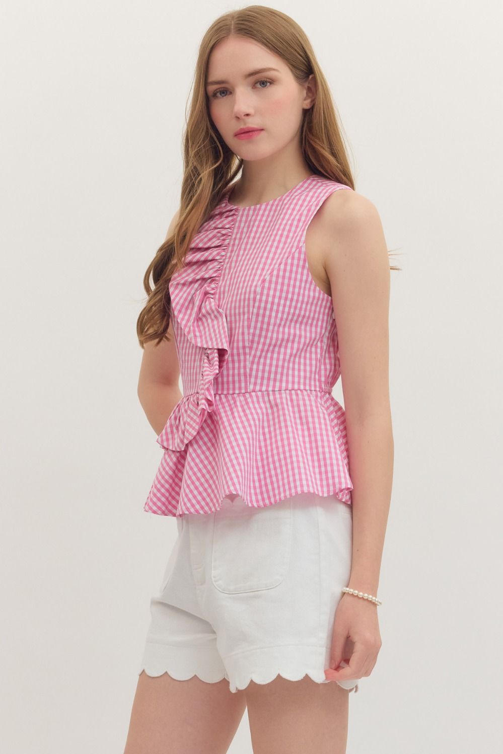 Pink Gingham Peplum Tank Top