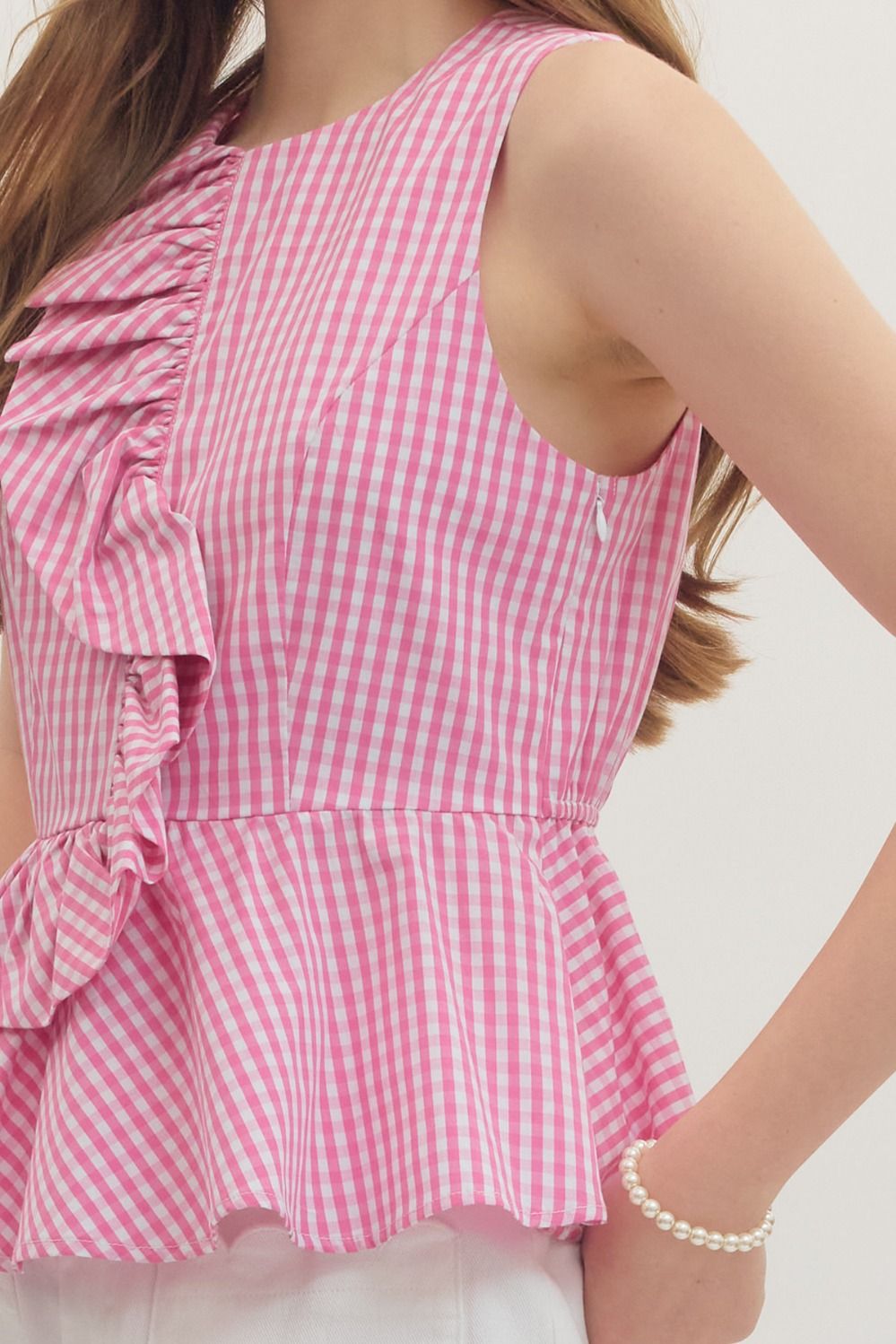 Pink Gingham Peplum Tank Top