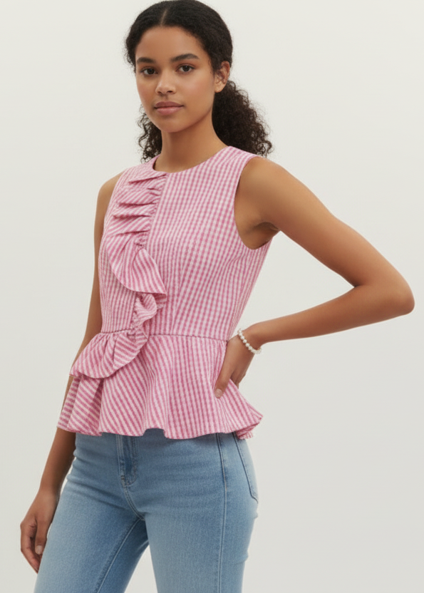 Pink Gingham Peplum Tank Top