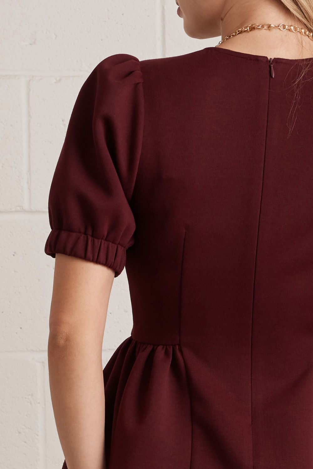 Round Neck Peplum Hem Top Garnet
