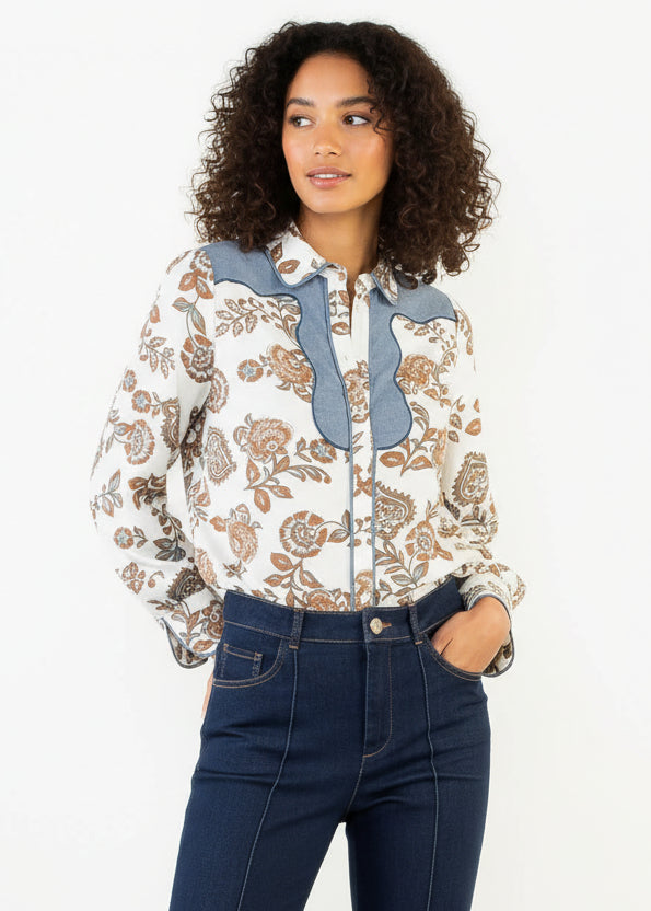 THML Long Sleeve Floral Detail Button Up Top