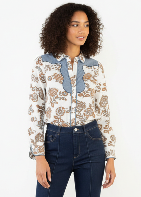 THML Long Sleeve Floral Detail Button Up Top