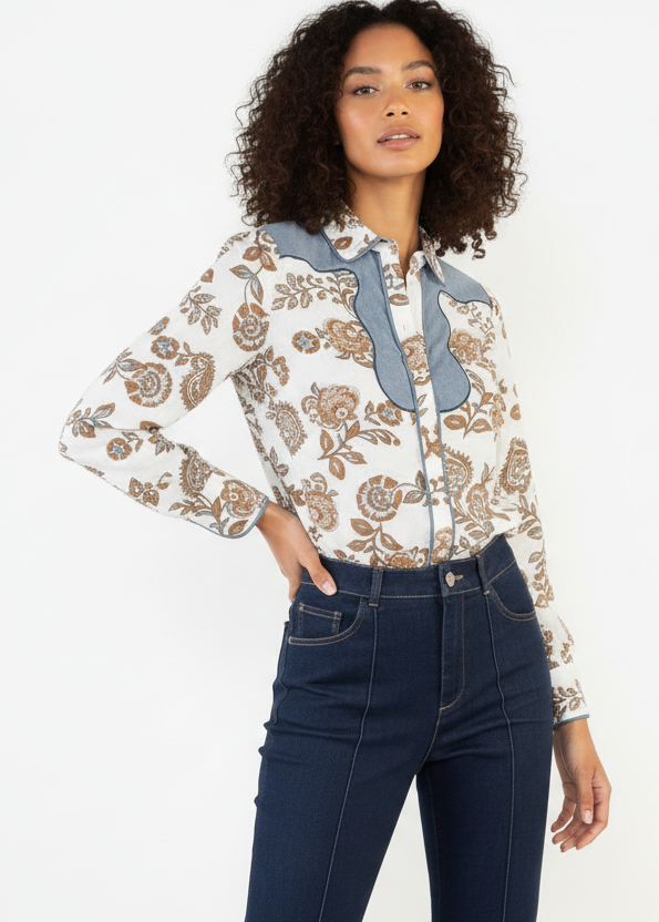 THML Long Sleeve Floral Detail Button Up Top