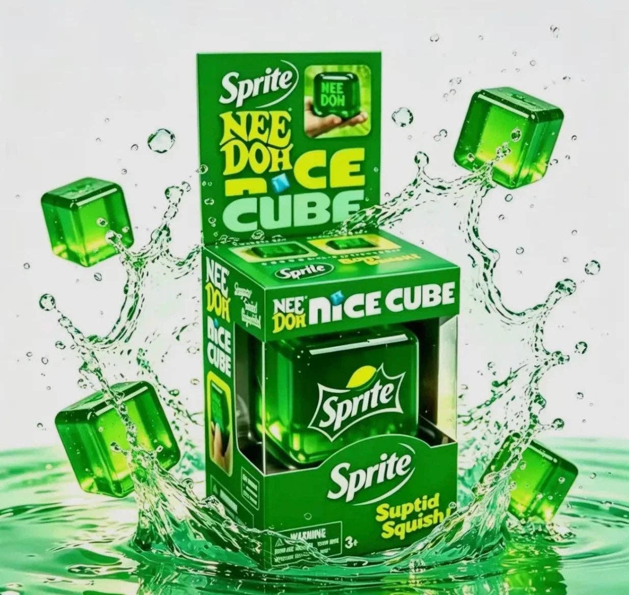 Sprite Nee Do Nice Cube packaging with green cubes and water splashes on a white background
