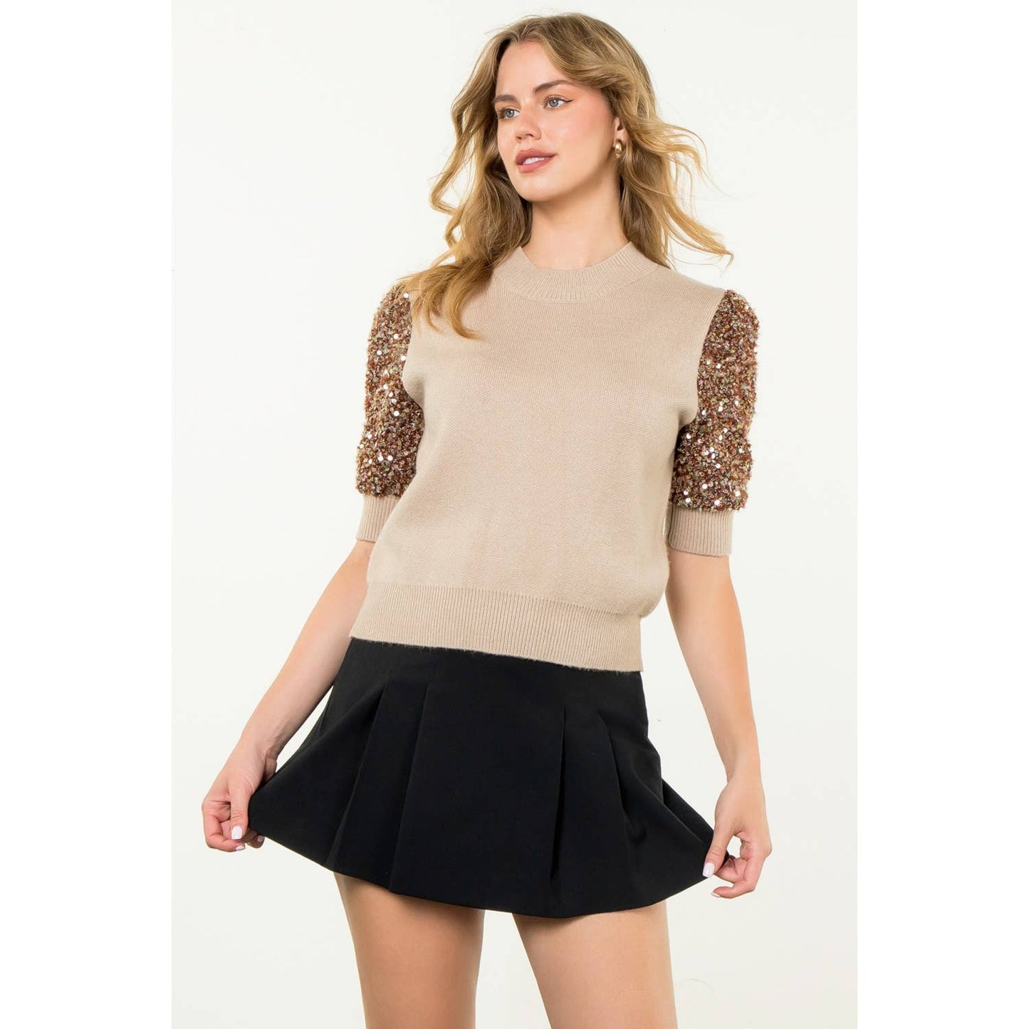 Sequin Sleeve Knit Top