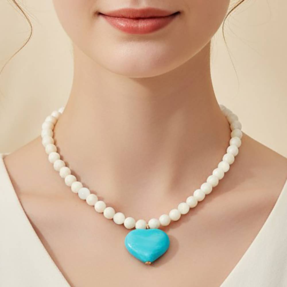 Chunky Marbled Resin Heart Charm Beaded Necklace