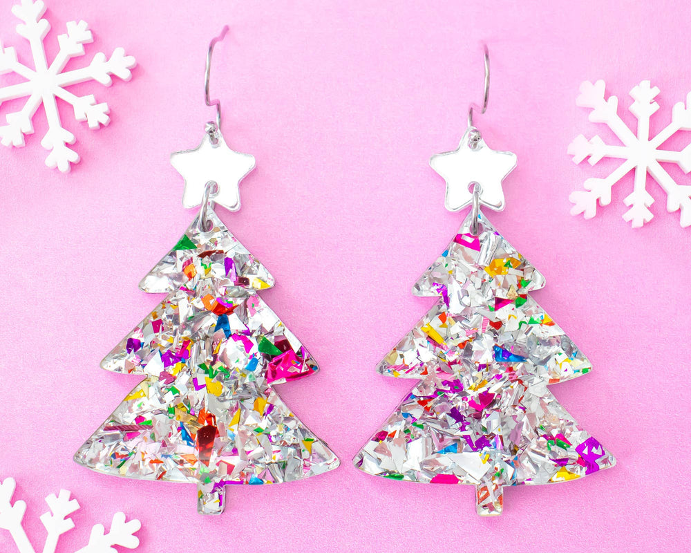Christmas Tree Silver Glitter Holiday Earrings