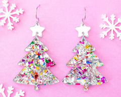Christmas Tree Silver Glitter Holiday Earrings