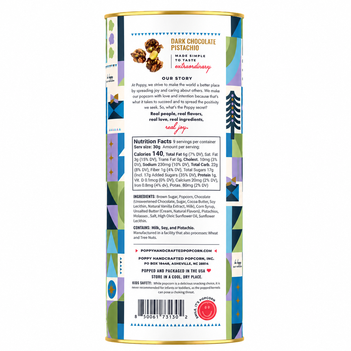 Poppy Hand-Crafted Popcorn - Dark Chocolate Pistachio Cylinder Holiday Popcorn