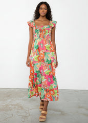 THML Smocked Floral Print Midi Dress