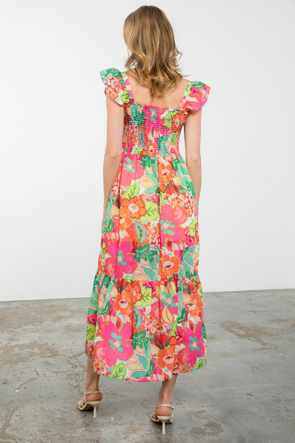 Smocked Floral Print Midi Dress