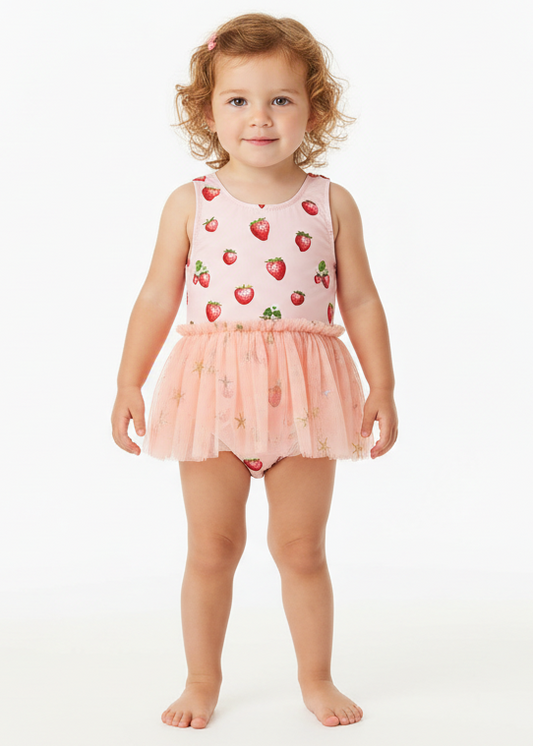 Pink children's swimsuit with strawberry pattern on a white background