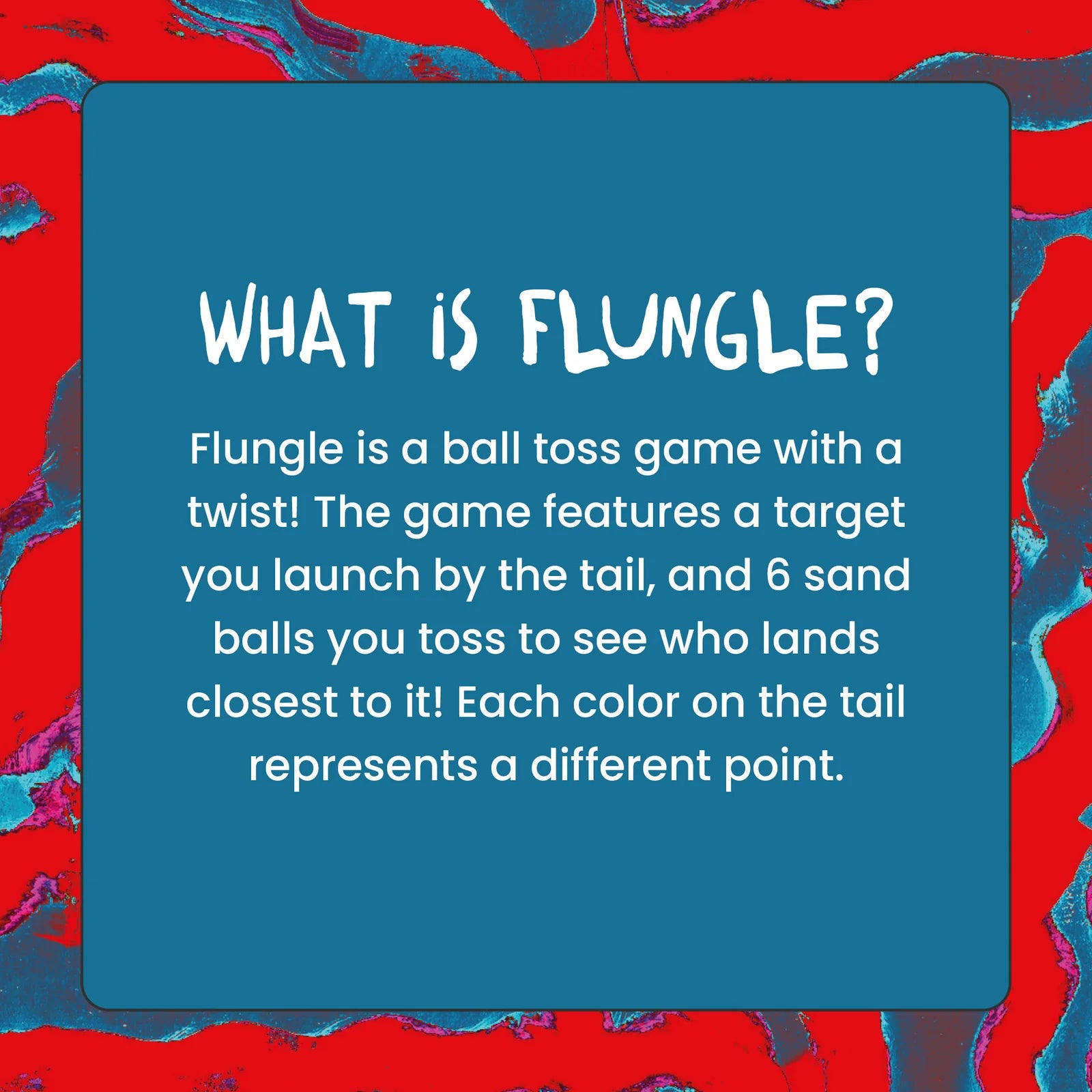 Text explaining Flungle game on a blue square with red and blue abstract border