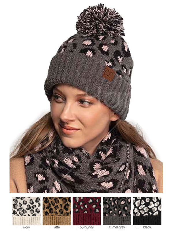 CC Leopard Knit Pom Pom Beanie