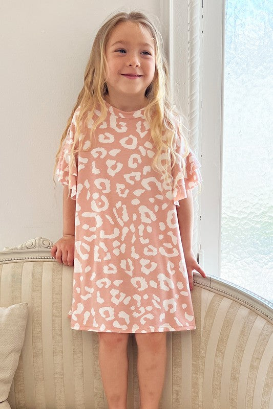 Girls Animal Print Ruffle Sleeve Dress