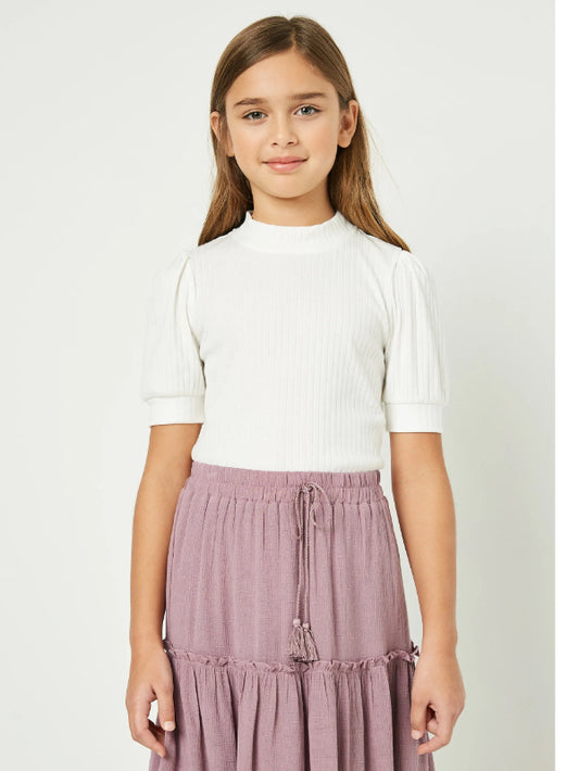 Girls Textured Banded Neck Short Sleeve Top