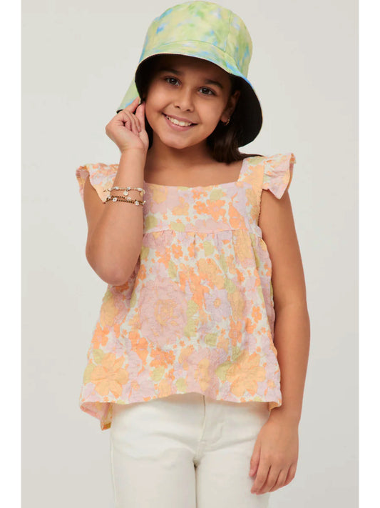 Girls Textured Floral Button Back Ruffle Tank