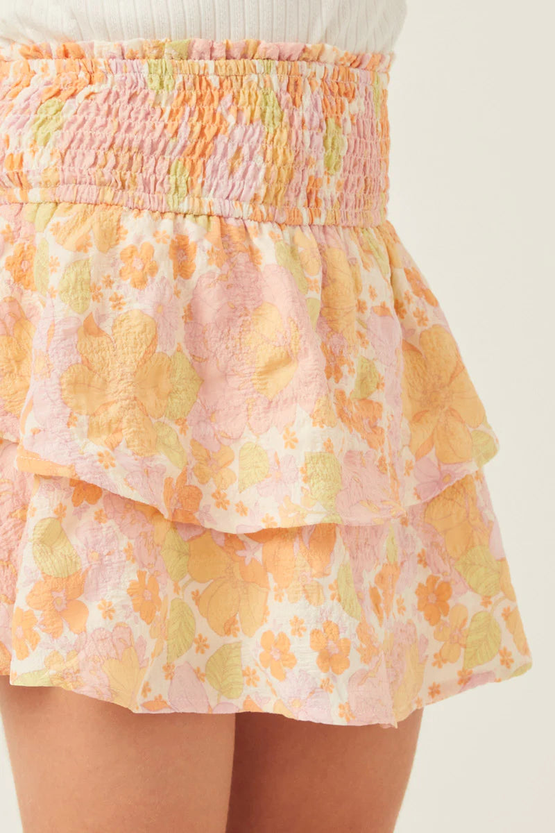 Girls Textured Floral Smocked Waist Layered Skirt