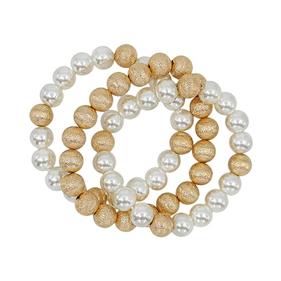 Gold Textured & Pearl Set of 3 Stretch Bracelets