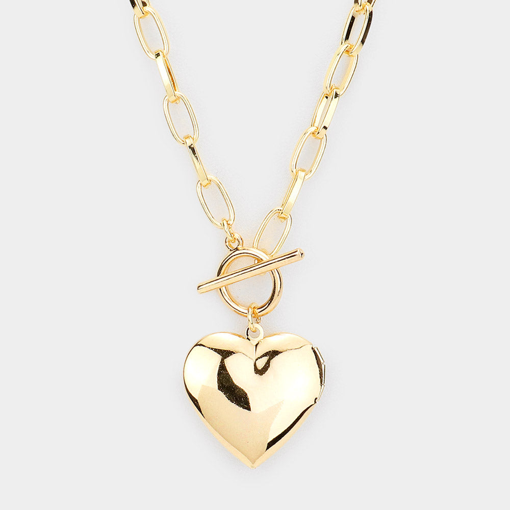 Long Heart Locket Pendant Toggle Necklace