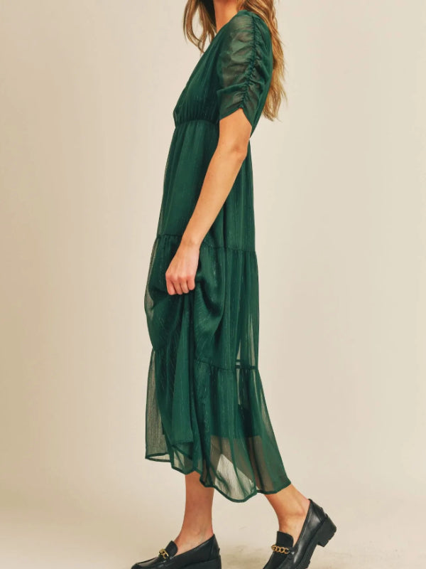 Pine Forest Shirred Sleeve Midi Dress