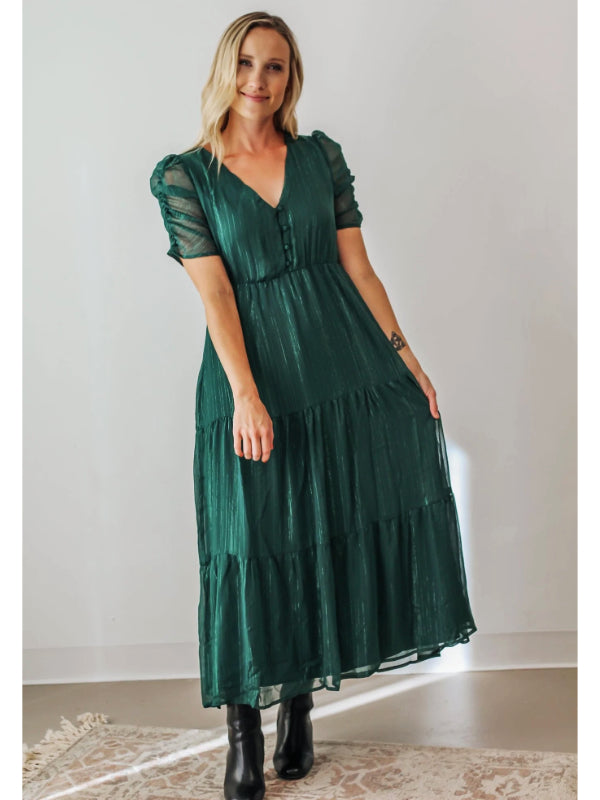 Pine Forest Shirred Sleeve Midi Dress