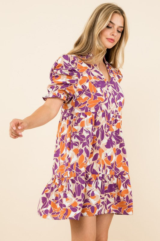 Ruched Sleeve Print Tiered Dress