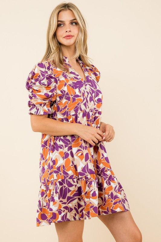 Ruched Sleeve Print Tiered Dress
