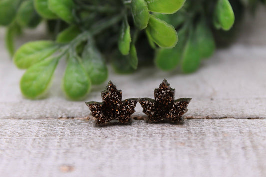 Brown Glitter Autumn Leaves Stud Earrings